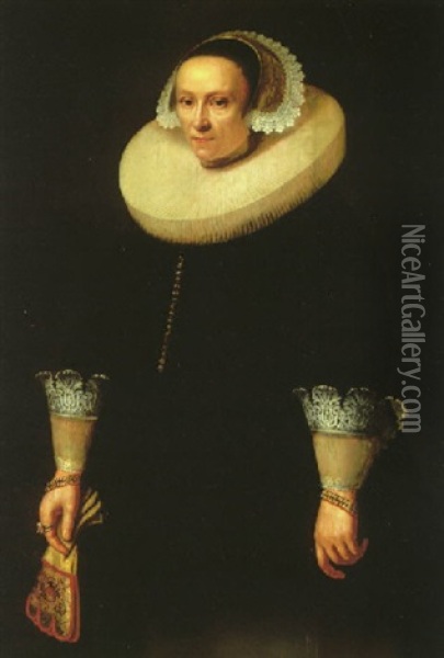 Portrait Of A Lady Wearing A Black Embroidered Dress, A White Ruff And A Lace Bonnet, Holding A Pair Of Gloves Oil Painting - Nicolaes Eliasz Pickenoy