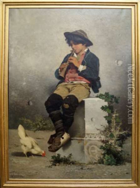 Boy Seated Full Length Playing A Flute In A Farmyard Oil Painting - Guerrino Guardabassi