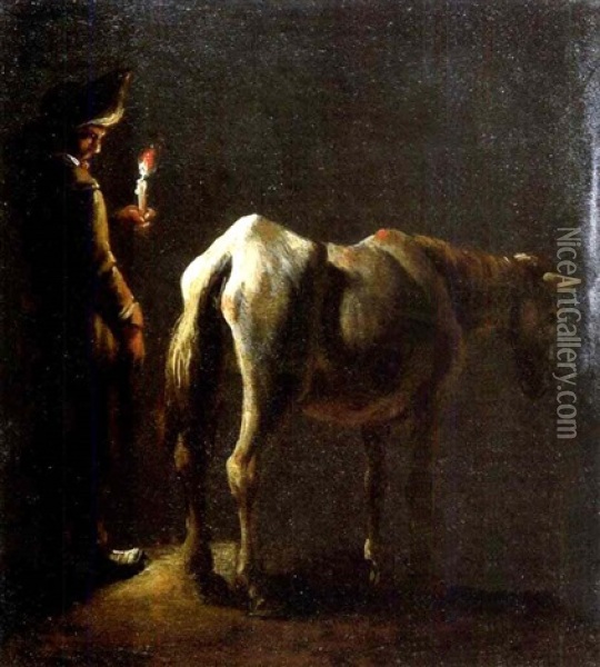 Nachtliche Szene Mit Mann Und Schimmel Oil Painting - Leonard Bramer