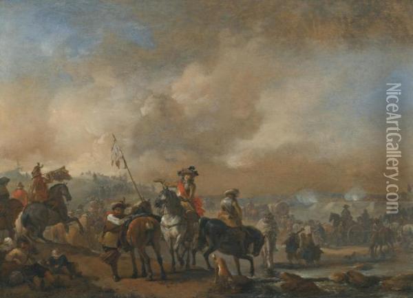 Cavalry On The Move, A Fortification Under Siege Beyond Oil Painting - Pieter Wouwermans or Wouwerman