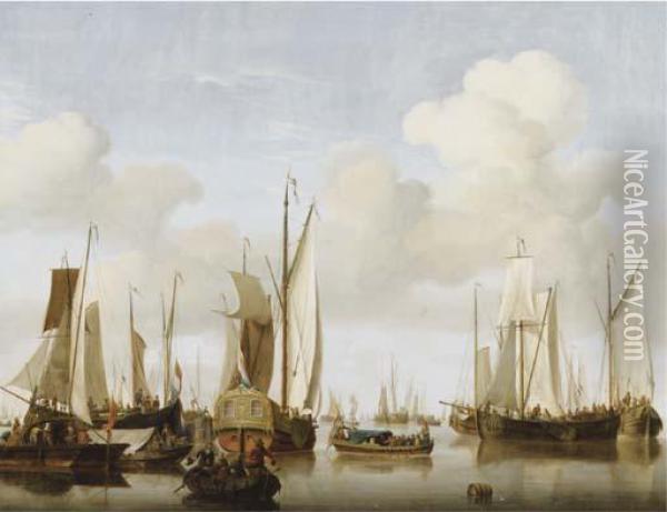 A Calm With Merchants In A Rowing Boat In The Foreground Oil Painting - Jan van Os