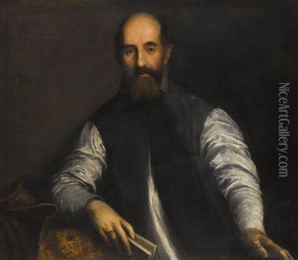 Portrait Of A Bearded Man Wearing A Blue Waistcoat And Holding A Book In His Right Hand Oil Painting - Jacopo Palma il Giovane