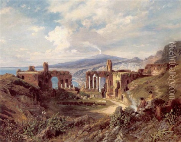 Blick Auf Das Antike Amphitheater In Taormina Oil Painting - Ernest Julius Preyer