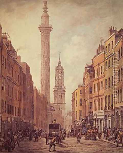 View of Fish Street Hill Monument and St Magnus the Martyr from Gracechurch Street Oil Painting - William Marlow