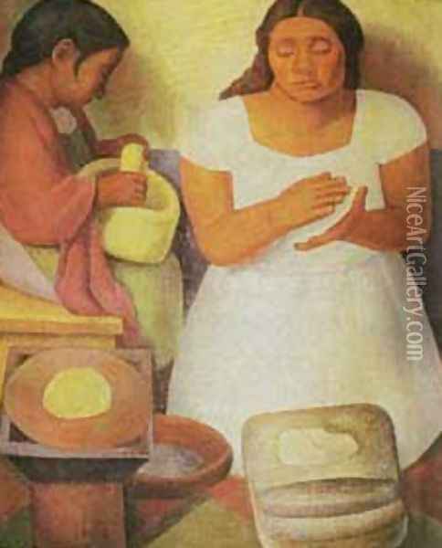 Tortilla-Maker Oil Painting - Diego Rivera