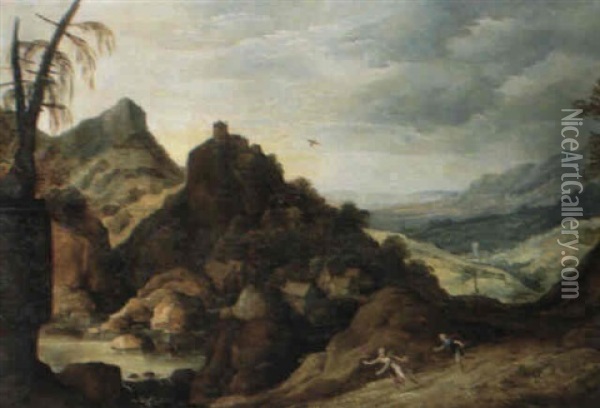 Felslandschaft Mit Burg Und Wassermuhlen Oil Painting - Joos de Momper the Younger