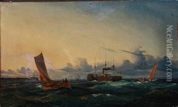 Paddle Steamers And Sailing Ships Near Kronborg Castle Oil Painting - Carl Julius Emil Olsen