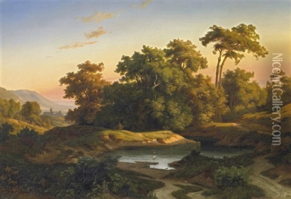 Abendfrieden. Blick In Romantische Hugellandschaft Bei Sonnenuntergang Oil Painting - August Weber