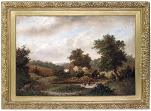 Children Playing With A Toy Boat On A Farm Pond Oil Painting - Walter Williams
