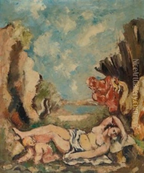 Baigneuse Et Satyre, Enfant Oil Painting - Charles Dufresne