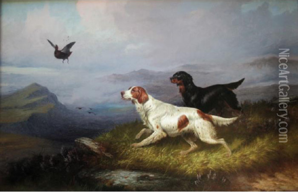 Setters And A Grouse Oil Painting - Colin Graeme Roe