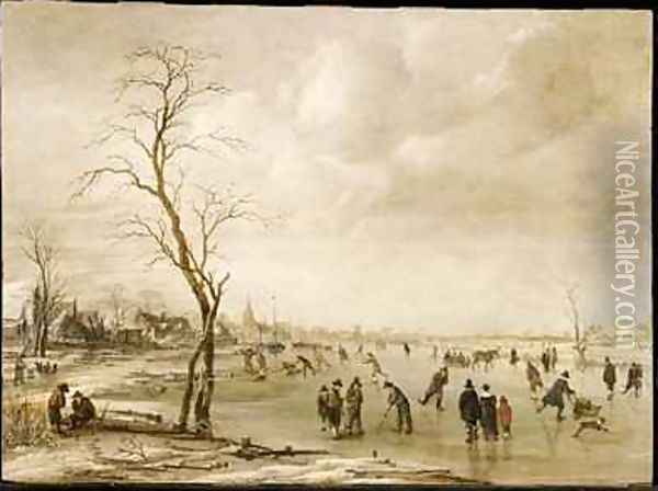 A Winter Landscape with Townsfolk Skating and Playing Kolf on a Frozen River a Town Beyond Oil Painting - Aert van der Neer