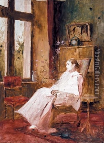 Sitting Woman In Interieurs Oil Painting - Mihaly Munkacsy