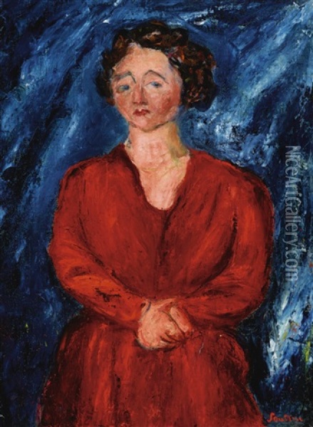 La Femme En Rouge Au Fond Bleu Oil Painting - Chaim Soutine