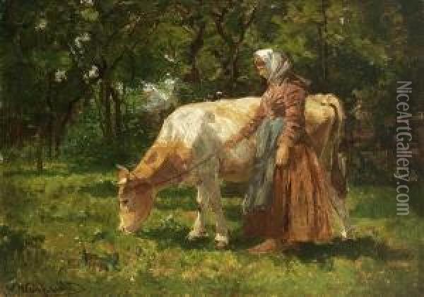 Magd Mit Einer Kuh Auf Sonniger
 Weide. Oil Painting - Viktor Weishaupt