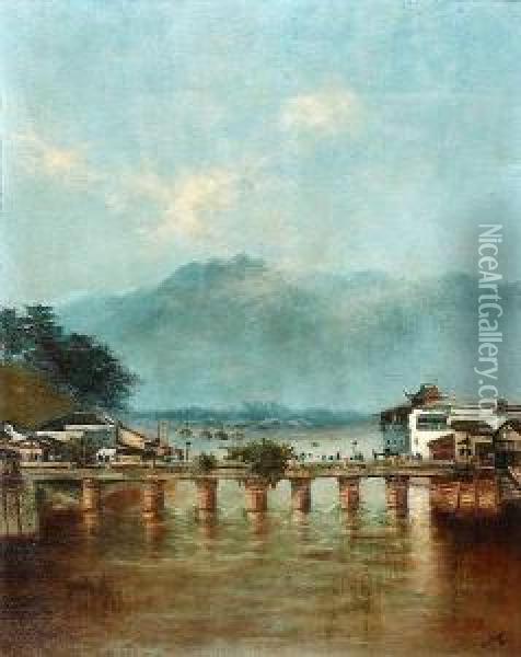 View Of A Kashmiri Bridge, Believed To Be Srinegar Oil Painting - A.P. Nazar