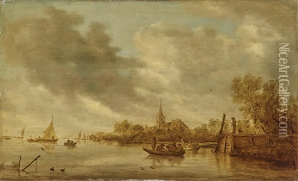 A River Landscape With A Wooden Pier And Fishing Boats Oil Painting - Salomon van Ruysdael