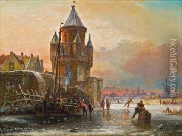 Grachtenlandschaft Im Winter Oil Painting - Elias Pieter van Bommel