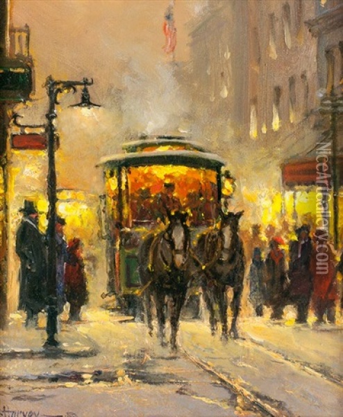 The Horse Trolley Oil Painting - Harvey G. Prusheck