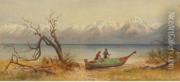 West Coast Indians With A Beached Canoe Oil Painting - Thomas Mower Martin