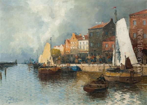Small Harbour Oil Painting - Georg Fischhof