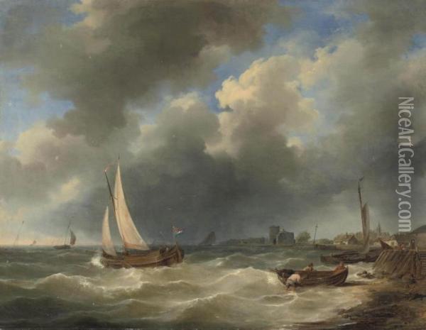 Sailing Vessels In A Stiff Breeze Oil Painting - Hermanus Koekkoek