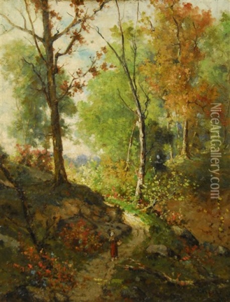 Woman Returning Home On A Wooded Path Oil Painting - Gustave Mascart