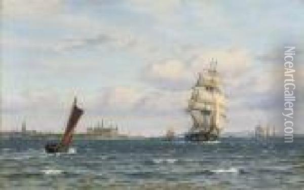A Trader And A Fishing Boat Off Kronborg Castle Oil Painting - Vilhelm Karl Ferd. Arnesen