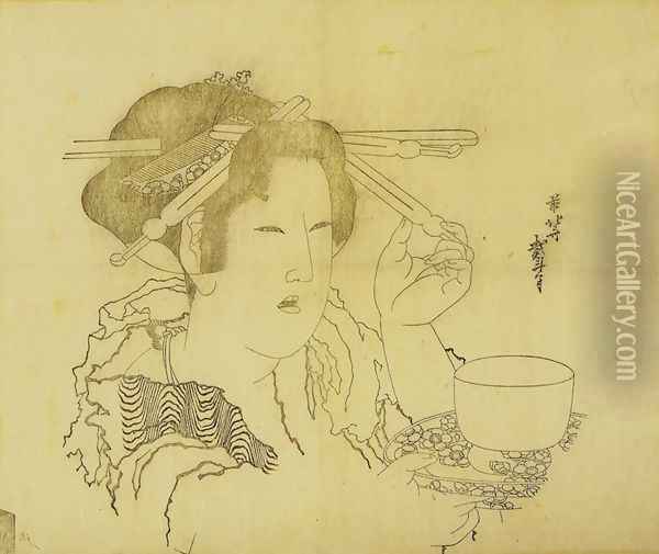 Woman with a Teacup Oil Painting - Katsushika Hokusai