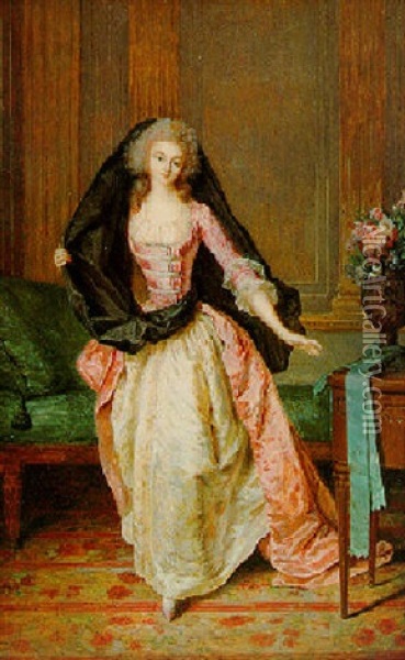 A Portrait Of Princesse De Vaudemont-lorraine Standing In A Louis Xvi Interior Before A Green-upholstered Gilt-wood Chaise Longue Oil Painting - Niklas Lafrensen the Younger