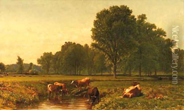 Connecticut Pastoral with Cattle, near Simsbury Oil Painting - Aaron Draper Shattuck