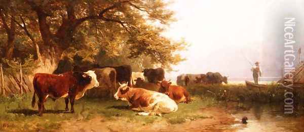 Cattle watering in a landscape Oil Painting - Friedrich Johann Voltz
