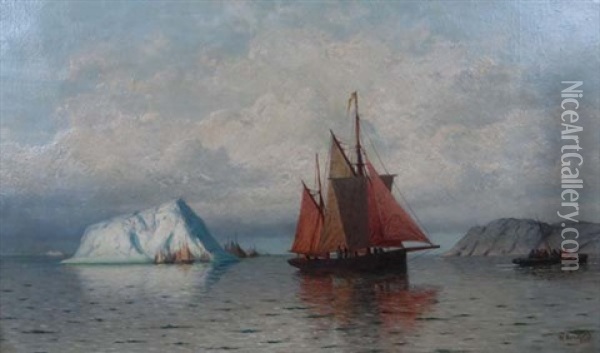 An Artic Iceberg And Fishermen With Clinker-planked Cape Island Type Boats And Sailing Boats Off The Coast Of Labrador Oil Painting - William Bradford