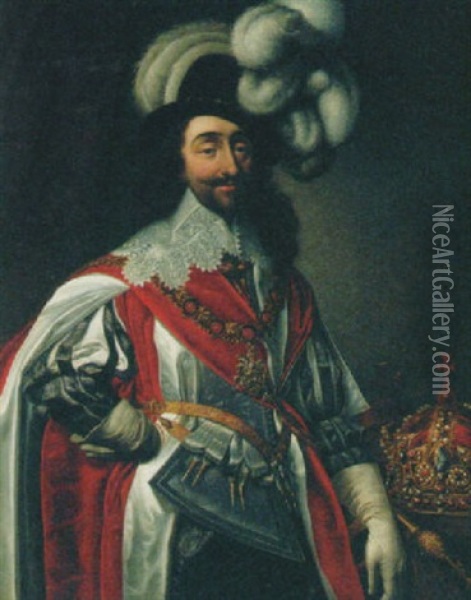 Portrait Of Charles I In A Grey Slashed Tunic And Plumed Hat With A Crown And Orb Beside Him On A Ledge Oil Painting - Daniel Mytens the Elder