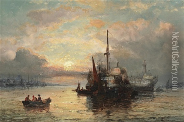 Fisherfolk On The Shore, Sunrise; Shipping Off The Coast, Sunset Oil Painting - William (Anslow) Thornley
