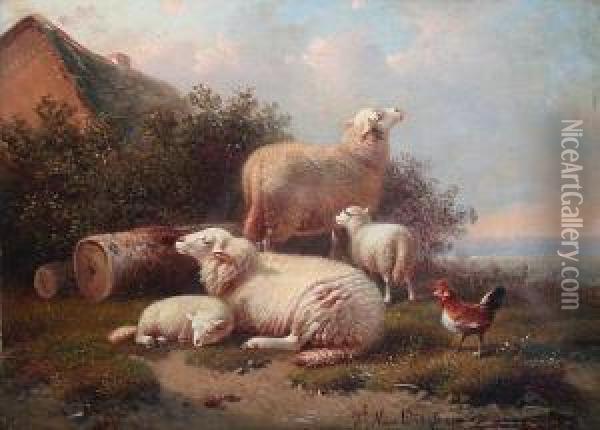Sheep, Lambs And Poultry On A Grassybank Oil Painting - Joseph Van Dieghem