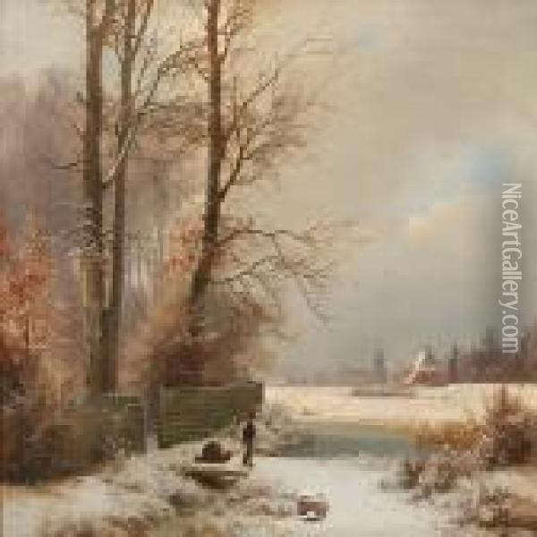 Winter Landscape With A Young And His Sledge Oil Painting - Anders Anderson-Lundby