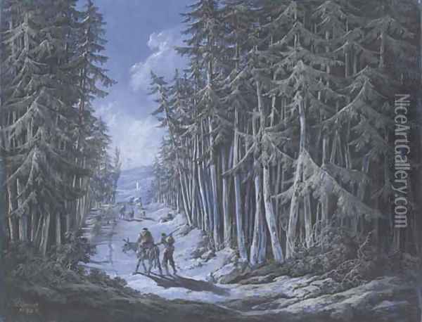 A winter scene with travellers in a wooded landscape Oil Painting - Jean-Baptiste Pillement