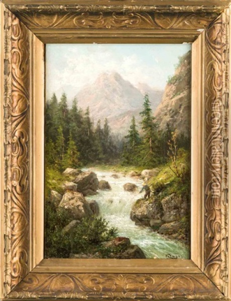 Angler Am Wildbach In Alpiner Landschaft Oil Painting - Julius Karl Rose