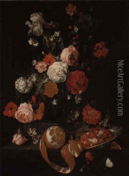 Still Life Of Flowers With A Peeled Orange And Other Fruit On A Marble Ledge Oil Painting - Cornelis De Heem