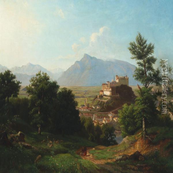 Mountain Scenery With A Castle Oil Painting - Franz Krutger