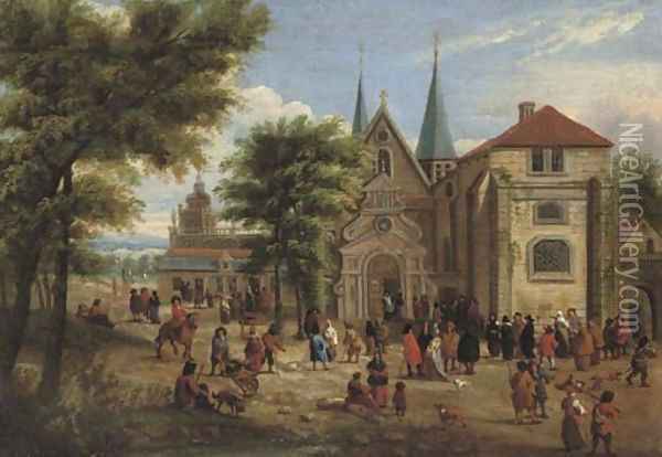 Figures gathered in front of a church in a wooded landscape Oil Painting - Mathys Schoevaerdts