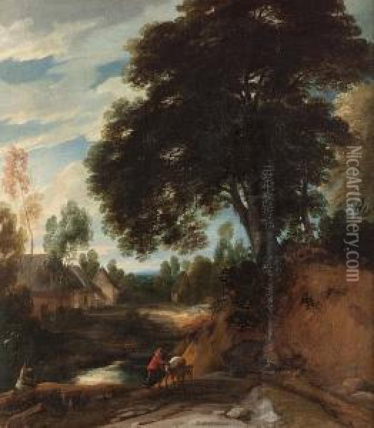 A Wooded Landscape With A Traveller Walking Beside A Stream, A Village Beyond Oil Painting - Lodewijk De Vadder