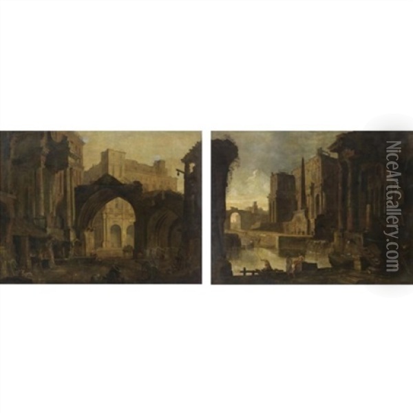Capricci Architettonici (pair) Oil Painting - Pietro Paltronieri
