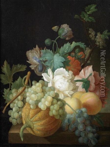 Roses, Carnations, Grapes And Peaches With A Butterfly On A Table-top Oil Painting - Pieter Faes