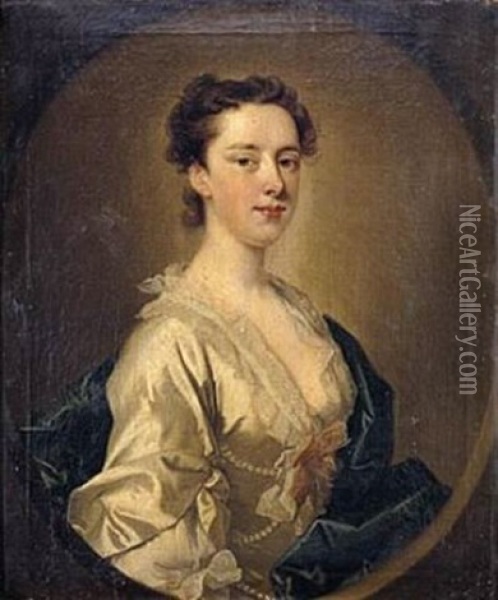 Portrait Of A Lady, Wearing A Cream Silk Dress, The Bodice Wound With Pearls Oil Painting - Joseph Highmore