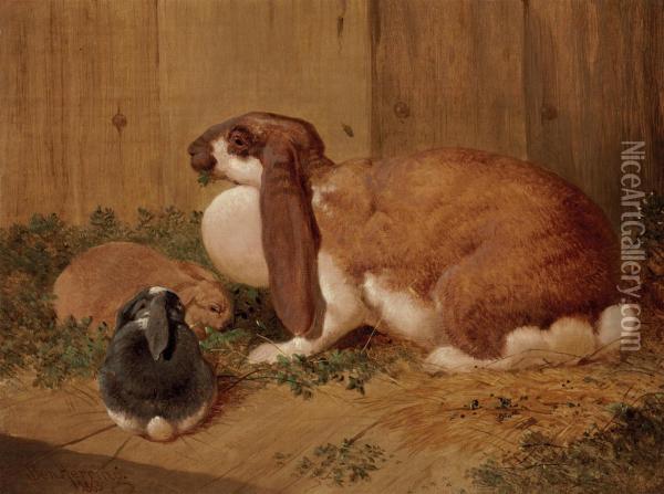 A Lop-eared Doe Rabbit And Her Young Oil Painting - Benjamin Herring, Jnr.
