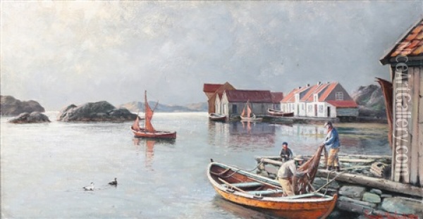 The Inner Harbour In Hvidingso Oil Painting - Lauritz Haaland
