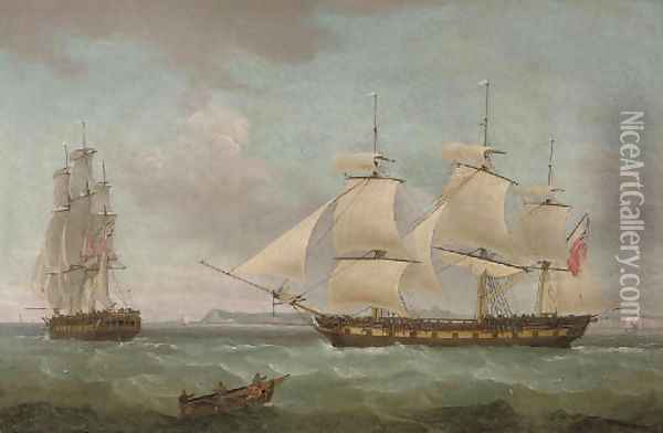 An East Indiaman in two positions off Dover, with the pilot cutter approaching off her starboard bow Oil Painting - Thomas Whitcombe