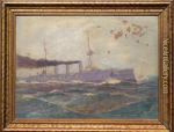 Battleship At Sea Oil Painting - Antonio Nicolo Gasparo Jacobsen